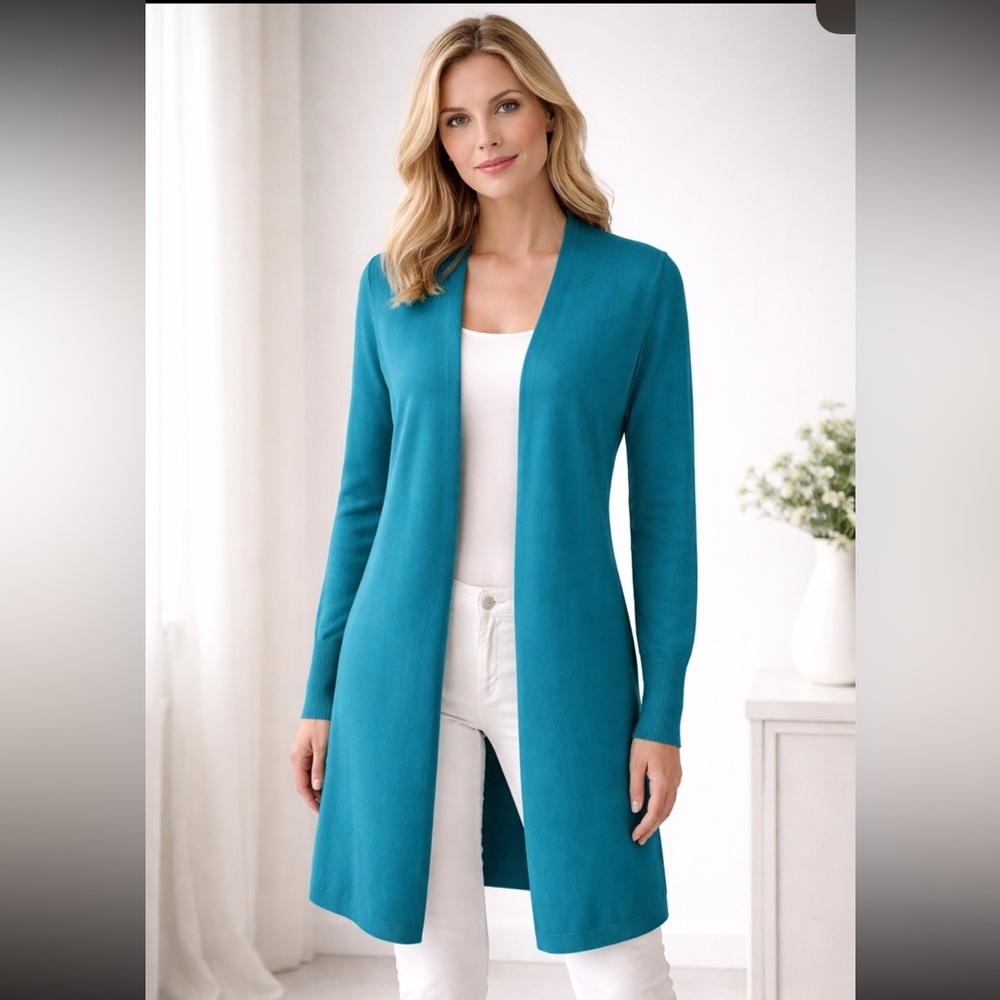 St.John Teal Open Front Cardigan Sweater